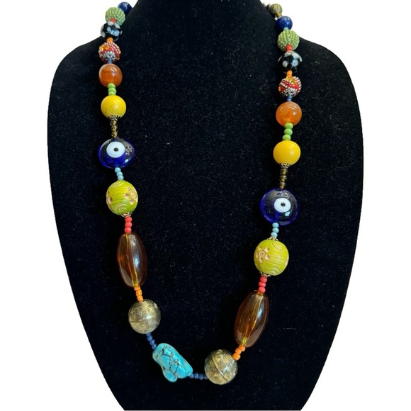 Chunky Art Glass Wood Faux Turquoise Nugget Multi-Color Necklace - Picture 1 of 16